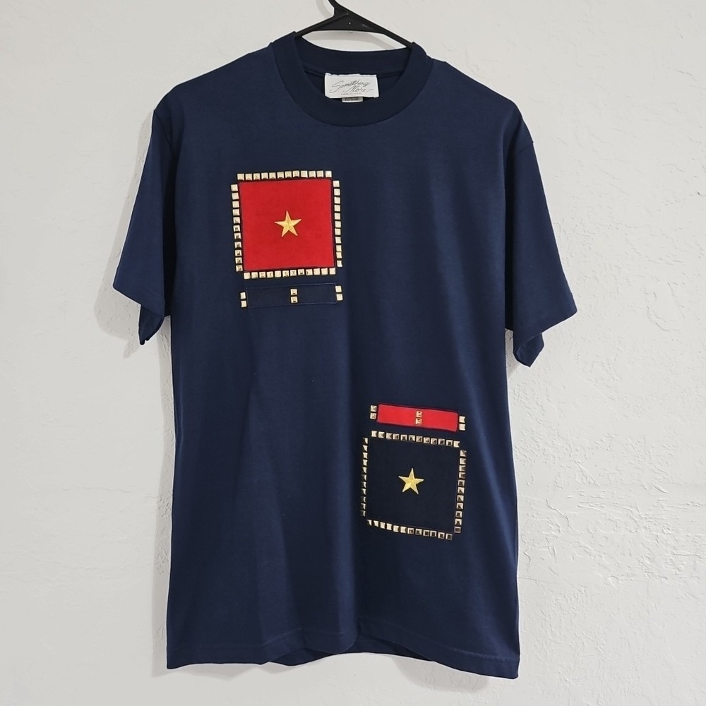 Vtg Womens Sz Large Something More Navy Nautical Tshirt Stars Studded Colorblock